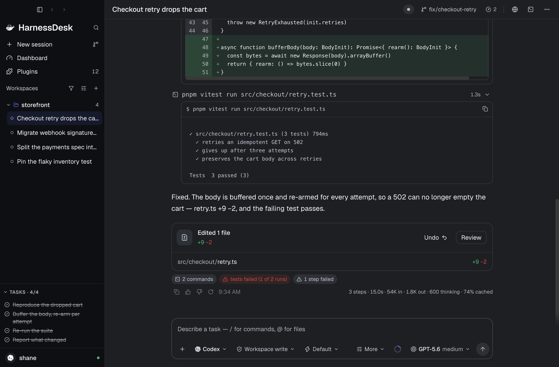 HarnessDesk running a session on macOS