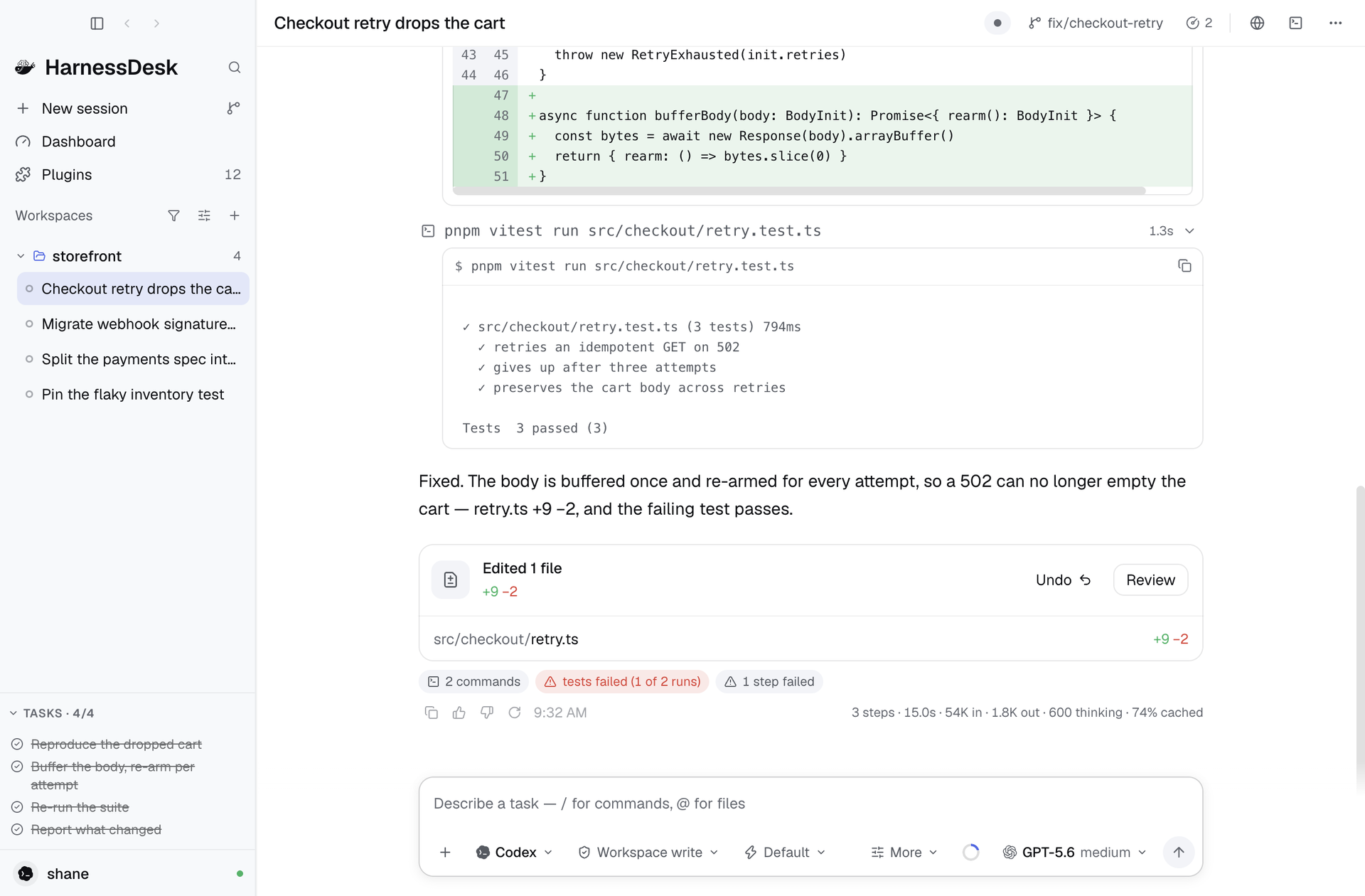 HarnessDesk running a session on macOS